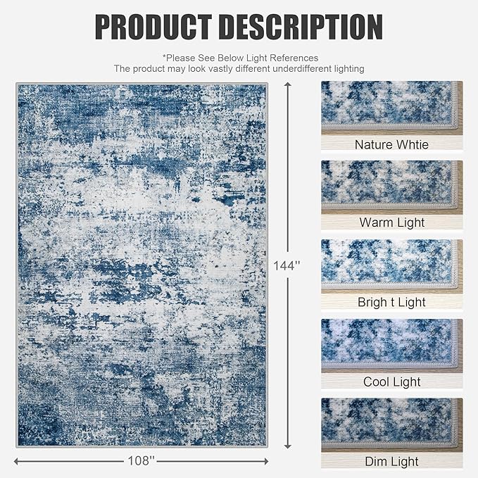 9x12 Area Rug Living Room Rug: Washable Modern Abstract Soft Thin Rug Indoor Floor No Slip Stain Resistant Carpet for Bedroom Dining Room Farmhouse Nursery Home Office - Blue-CubbioJoy