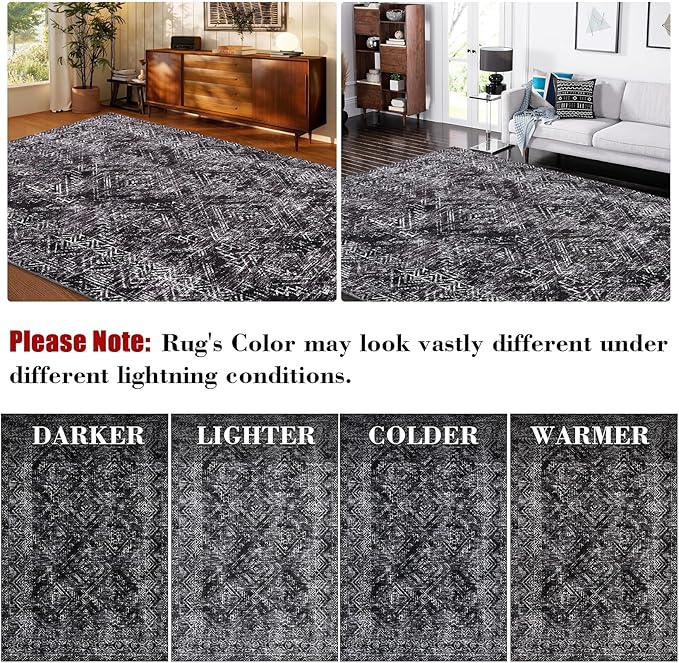 COZYLOOM Area Rug 6x9 Washable Rug for Bedroom Office Dining Room Living Room Vintage Non Slip Large Area Rug Geometric Soft Throw Low Pile Stain Resistant Carpet, Black-CubbioJoy