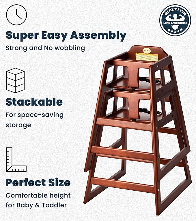 Alpine Wooden High Chairs for Babies and Toddlers with Safety Strap, Commercial Grade Restaurant High Chair, Durable Wood Space Saver Baby Feeding Chair, Ideal for Dining Spaces (2 Pack, Mahogany)-CubbioJoy