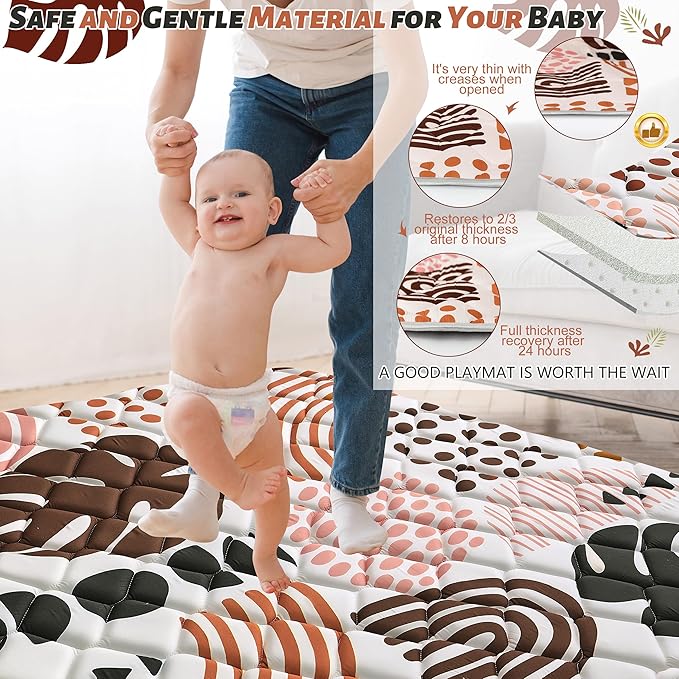 Baby Play Mats for Floor, 50x50 Playpen Mat for Babies, Extra Thicker & Soft Floor Crawling Mat, Foldable Non-Slip Playmat for Infants Toddlers, Boho Leaf Dark Brown-CubbioJoy