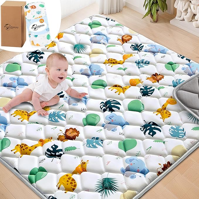 Baby Play Mats for Floor, 47x47 Playpen Mat for Babies, Extra Thicker & Soft Floor Crawling Mat, Foldable Non-Slip Playmat Cushioned for Infants Toddlers, Cute Animal Design-CubbioJoy