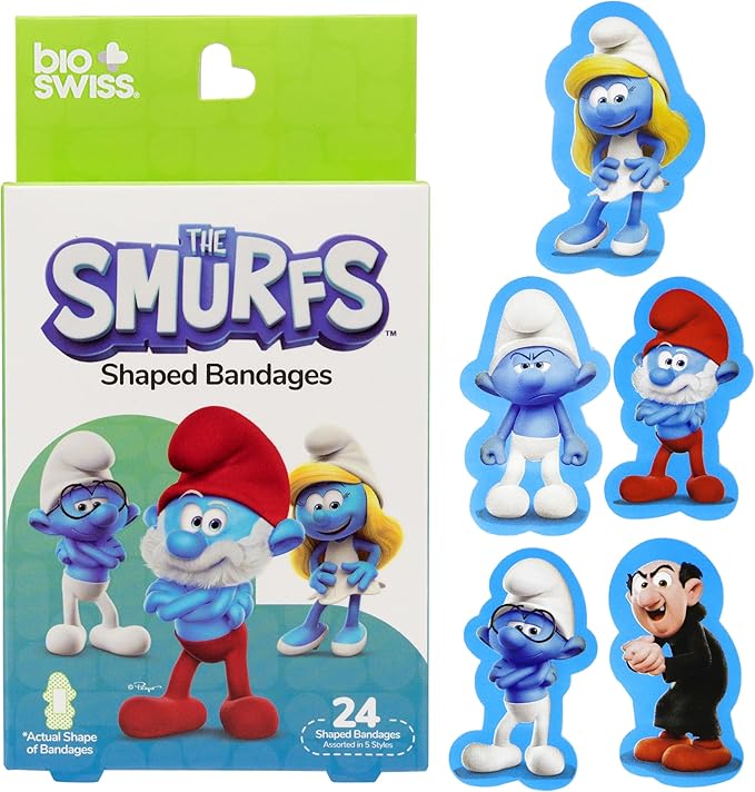 BioSwiss Bandages, The Smurfs in 3D Shaped Self Adhesive Bandage, Latex Free Sterile Wound Care, Fun First Aid Kit Supplies for Kids and Adults, 24 Count Box-CubbioJoy