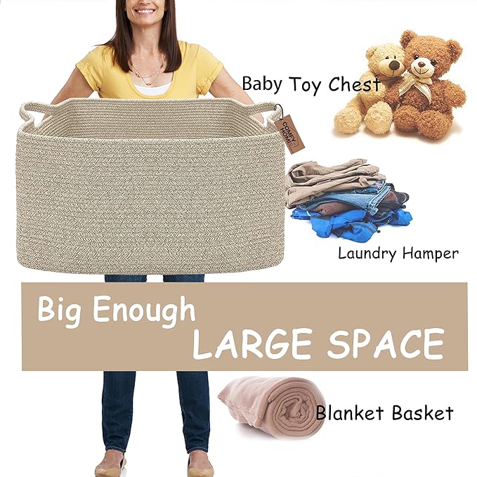 COMFY-HOMI Large Rectangular Blanket Basket, Woven Cotton Rope Baskets for Storage, Laundry Hamper Basket, Storage Bin,Toy Organizing Bin with Handle, Organization and Storage-22x15x12”-Brown-CubbioJoy