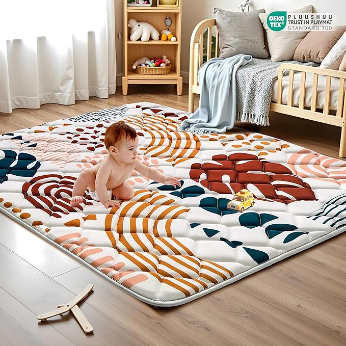 Baby Play Mats for Floor, 71x59 Playpen Mat for Babies, Extra Thicker & Soft Floor Crawling Mat, Foldable Non-Slip Playmat Cushioned for Infants Toddlers, Boho Leaf Design-CubbioJoy