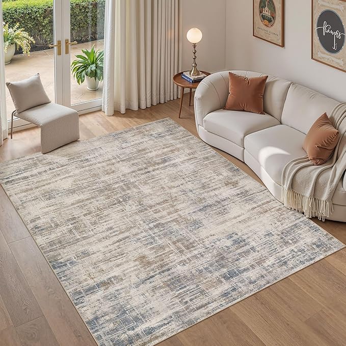 Area Rug for Living Room: 6x9 Washable Neutral Abstract Modern Soft Rugs Non Slip Indoor Floor Stain Resistant Large Carpet for Bedroom Dining Room Office Nursery - Brown-CubbioJoy