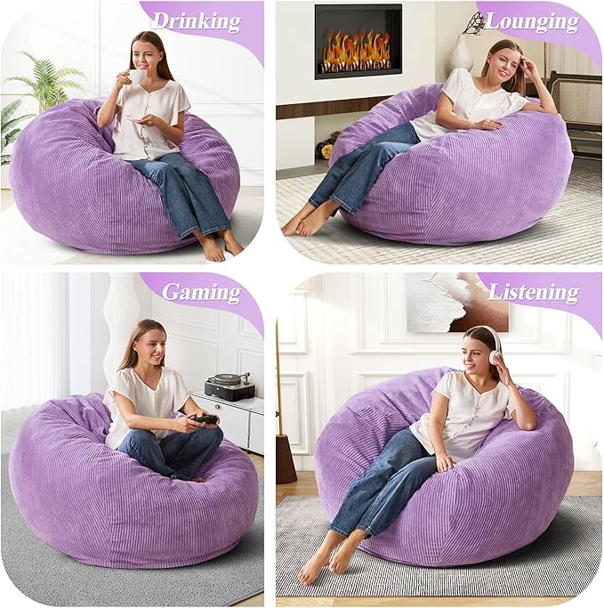 3.5FT Bean Bag Chairs Teardrop Bean Bag Chair for Adults Beanbag Chair with Memory Foam Filled Machine Washable Cover for Living Room, Bedroom (Large,Purple)-CubbioJoy