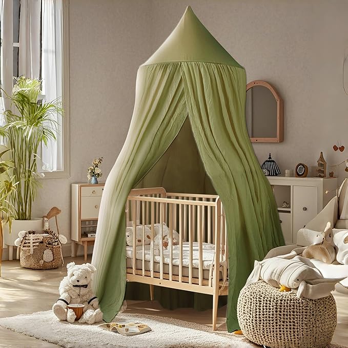 Cotton Kids Bed Canopy, Nursery Room Baby Crib Hanging Curtain Mosquito Net Hideaway Bedding Children Reading Nook Decoration, Pastel Neutral Color for Boys & Girls (Green)-CubbioJoy