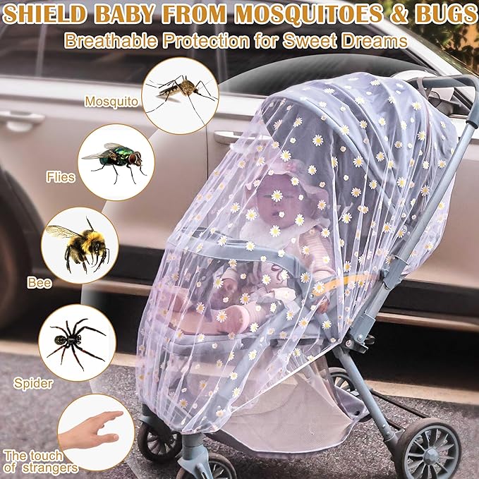 Baby Stroller Mosquito Net (2 Pack) - Durable Mesh Protection for Bassinets, Cradles, Playards, Pack N Plays & Portable Mini Cribs | Breathable Universal Fit Insect Barrier (Black + Daisy)-CubbioJoy