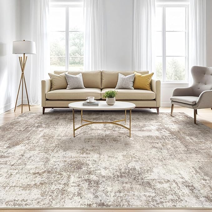 Area Rugs 9x12 Living Room: Washable Large Abstract Soft Rugs Stain Resistant Indoor Floor Non-Slip Accent Carpet for Women Modern Home Enthusiasts Aged 25-45 - Bedroom Nursery Playroom- Beige Brown-CubbioJoy