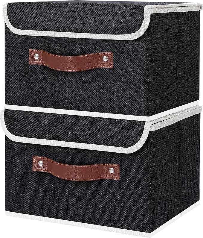 ANMINY 4PCS Storage Bins with Lid PU Leather Handles Storage Boxes PP Plastic Board Decorative Foldable Lidded Cotton Linen Fabric Home Cubes Baskets Closet Organizer Containers - Black, Small Size-CubbioJoy