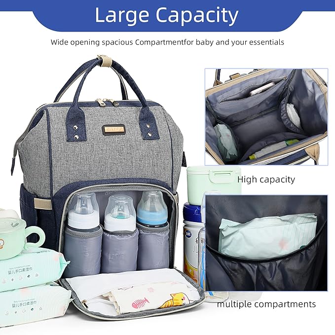 Diaper Bag Backpack, Diaper Bags for Baby Girls Boys, Baby Bags for Moms Dads, Nappy Changing Bag with Insulated Pockets,Multi-functional Waterproof Backpack with Stroller straps- Light Grey Blue-CubbioJoy