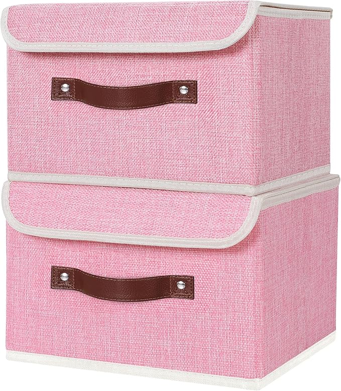 ANMINY 4PCS Storage Bins with Lid PU Leather Handles Storage Boxes PP Plastic Board Decorative Foldable Lidded Cotton Linen Fabric Home Cubes Baskets Closet Organizer Containers - Pink, Small Size-CubbioJoy