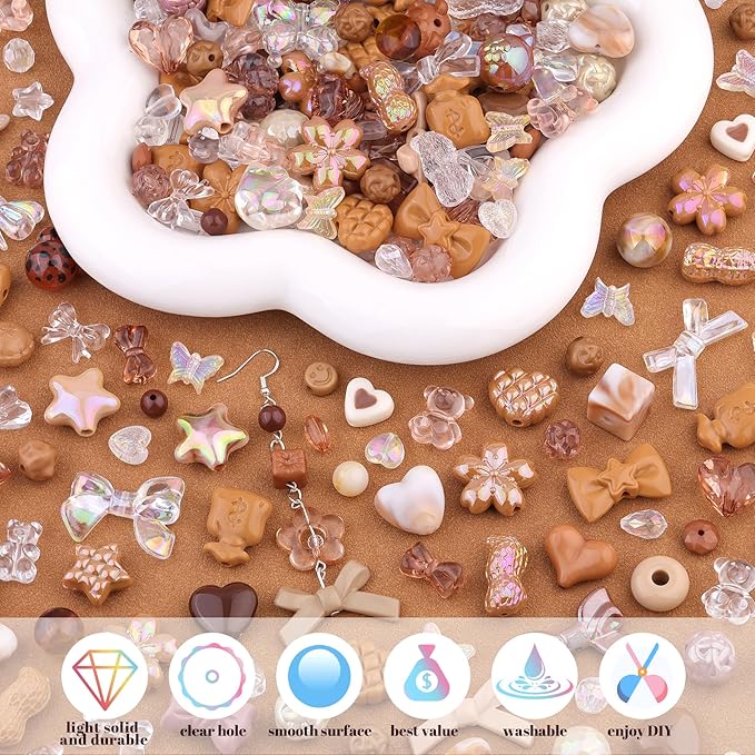 Assorted 170-230PCS Brown Acrylic Beads for Bracelet Making, Flower Bow Butterfly Candy GummyBear Aesthetic Bracelet Charms,Cute Beads for Jewelry Making DIY Necklace Keychain Phone Charm-CubbioJoy