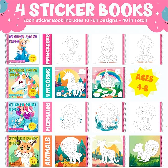 BulbaCraft 4Pcs Sticker Paint Books for Girls - Sticker Books by Number with Mermaids, Princesses, Animals and Unicorns - Coloring Activity for Kids-CubbioJoy