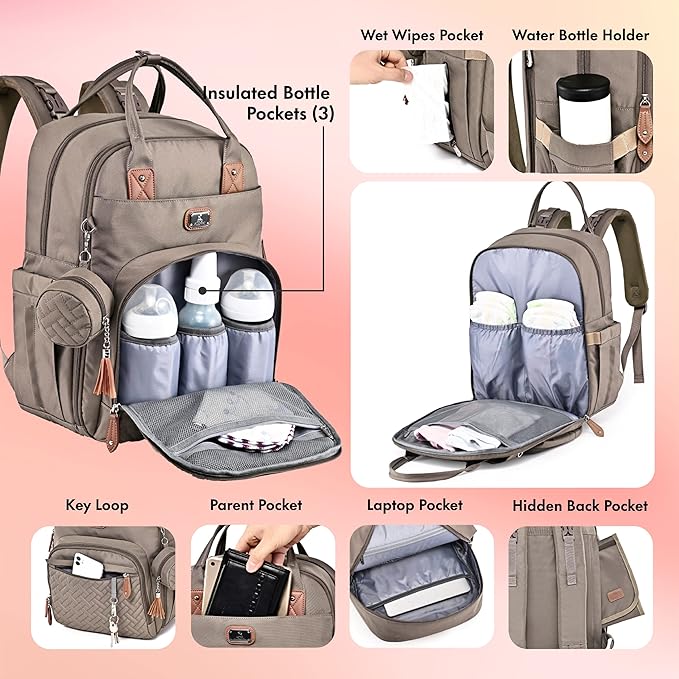 Dikaslon Diaper Bag Backpack with Portable Changing Pad, Pacifier Case and Stroller Straps, Large Unisex Baby Bags for Boys Girls, Multipurpose Travel Back Pack Moms Dads,Khaki-CubbioJoy