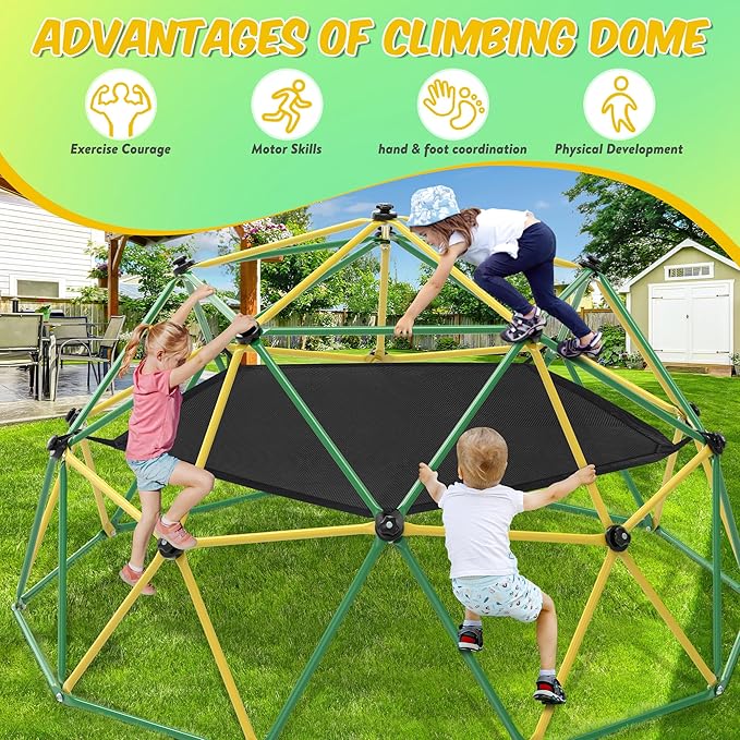 Climbing Dome, 10FT Dome Climber with Hammock & Swing for Kids 3-10, Kids Outdoor Jungle Gym Supports 1000lbs, Easy Assembly Playground Jungle Gym Backyard Play Equipment, Yellow+Green-CubbioJoy