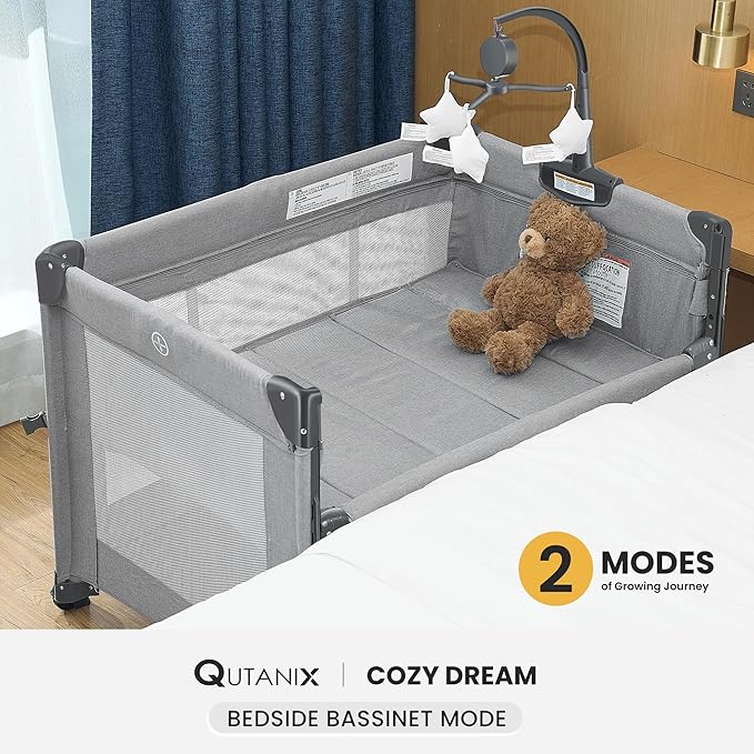 2-in-1 Baby Playard, Pack and Play Bassinet, Easy Folding Portable Crib with Music Mobile for Newborn to Toddlers (Grey)-CubbioJoy