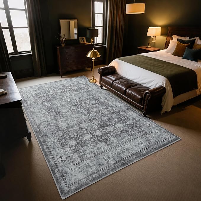 5x7 Washable Area Rug for Living Room, Non Slip Vintage Floral Rugs for Bedroom, Retro Indoor Floor Carpet for Kitchen, Dining Room, Farmhouse, Classroom (Distressed Grey)-CubbioJoy
