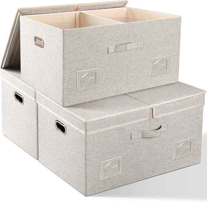75 Quarts Extra Large Decorative Storage Bins with Lids, 3 Packs Beige Collapsible Storage Bins with Lids, Stackable Storage Bins Decorative Box Storage With Lid Extra Large-CubbioJoy