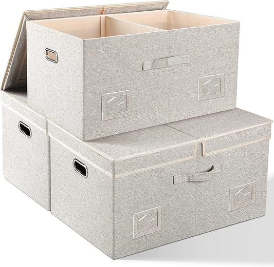 75 Quarts Extra Large Decorative Storage Bins with Lids, 3 Packs Beige Collapsible Storage Bins with Lids, Stackable Storage Bins Decorative Box Storage With Lid Extra Large-CubbioJoy
