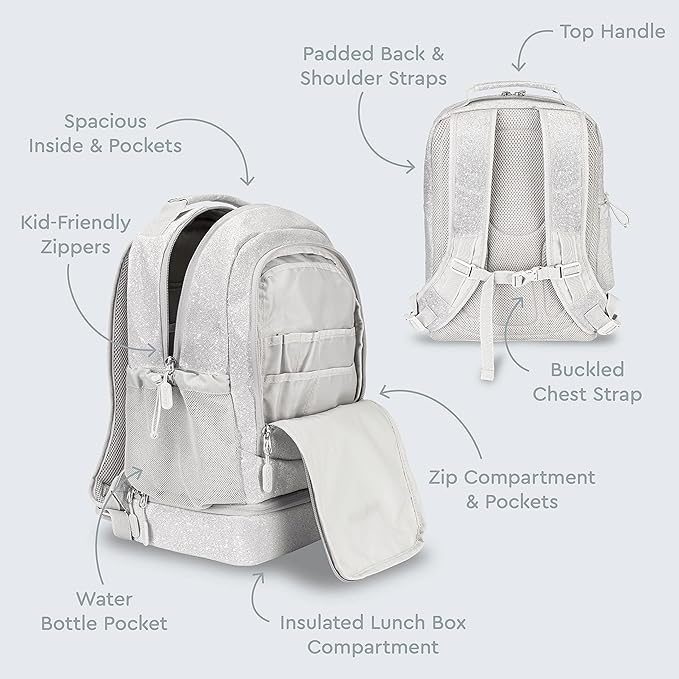 Bentgo Kids 2-in-1 Backpack & Insulated Lunch Bag - Glitter Designed 16” Backpack for School & Travel -, Durable, Water Resistant, Padded, & Large Compartments (Glitter Edition - Silver)-CubbioJoy