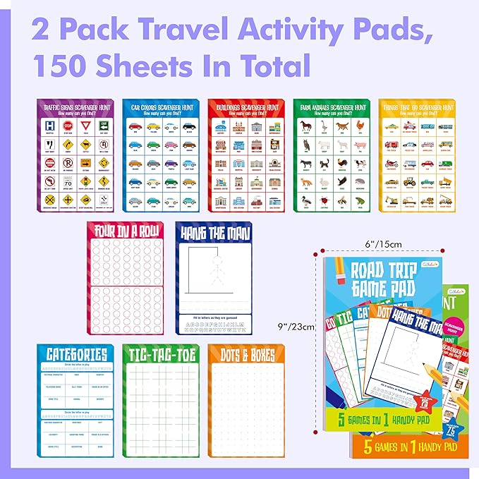 2 Pack Road Trip Game Pads, 10 Games (Categories, Dot & Boxes, Tic-tac-Toe, Scavenger Hunt Bingo), Pen Pencil Paper Game, Plane Trip/Car Travel/Getaway Activity Pad for Kid, Adult-CubbioJoy