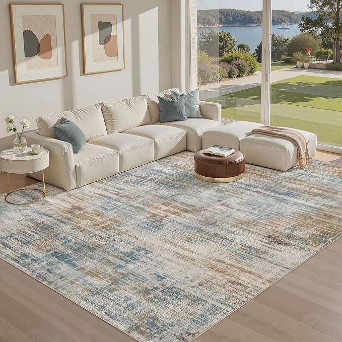 Area Rug for Living Room: 10x14 Washable Neutral Abstract Modern Soft Rugs Non Slip Indoor Floor Stain Resistant Large Carpet for Bedroom Dining Room Office Nursery - Blue Brown-CubbioJoy