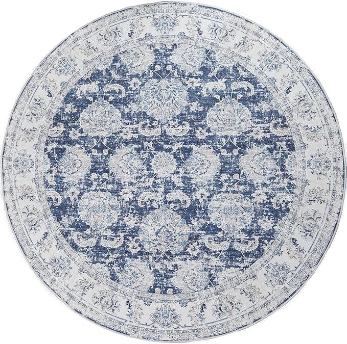 jinchan Round Rug 5ft Area Rugs Vintage Floral Distressed Design - Machine Washable Non-Slip Low-Pile Ultra-Thin Circle Rug for Entryway Bedside Living Room Dining Room Bedroom (5' Round,Dark Blue)-CubbioJoy