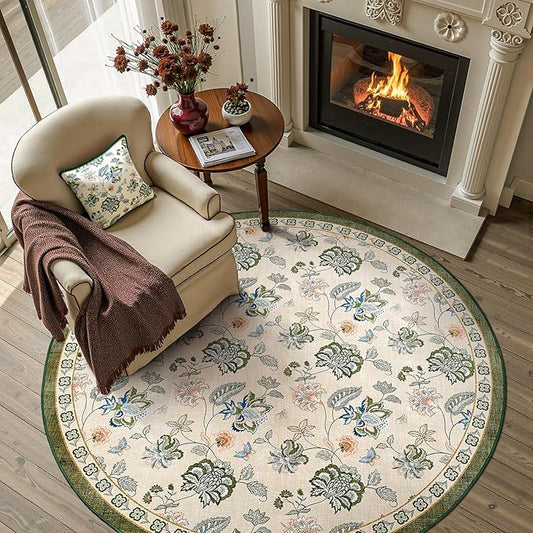 jinchan 5ft Floral Round Rug for Entryway Washable Kitchen Rug Vintage Romance Design Non Slip Indoor Doormat Lightweight Low-Profile Throw Carpet for Living Room Dining Room Bedroom, Green/Beige-CubbioJoy