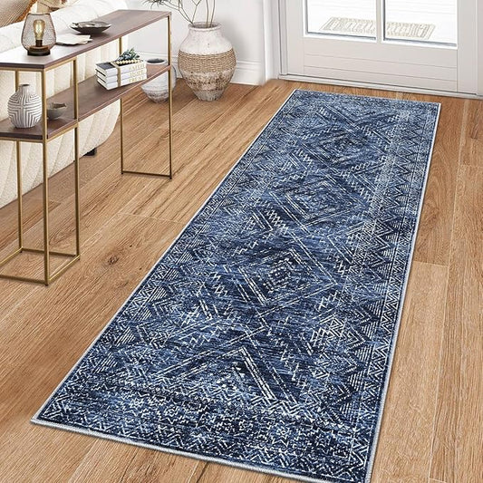 COZYLOOM Washable Runner Rug 2x6 Vintage Non Slip Low Pile Rug Soft Throw Floor Cover Geometric Tribal Foldable Indoor Carpet for Living Room Bedroom Playroom Nursery, Blue-CubbioJoy