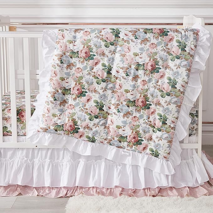 Brandream French Country Garden Floral Crib Bedding Sets for Girls Baby Nursery Bedding Set 3 Piece Ruffled Baby Quilt, Crib Sheet, Crib Skirt - White Blush Pink Green-CubbioJoy