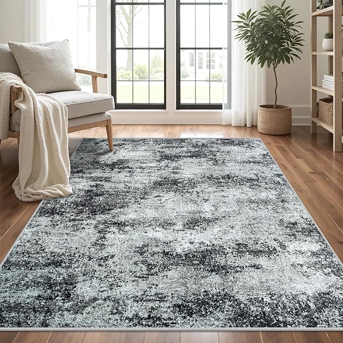 Area Rug Living Room Rugs: 5x7 Abstract Washable Rugs Ultra Soft Carpets with Non-Slip Backing Stain Resistant Carpet for Dining Room Table Bedroom Nursery Indoor Home Office Dark Black/Gray-CubbioJoy