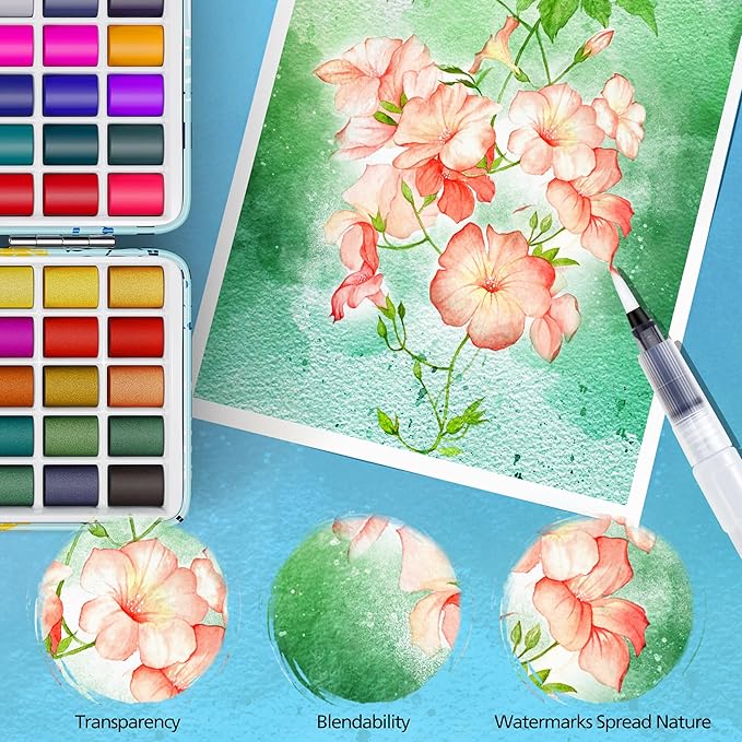 50 Colors Watercolor Paint Set with 6 Brushes, Portable Travel Water Color Kit with Carrying Case, Palette and Accessories, Non-Toxic Art Supplies Gift for Artists Adult Teen Kids Girls Boys-CubbioJoy