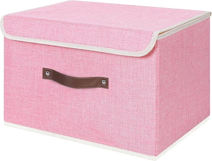 ANMINY Storage Bin with Lid Storage Boxes with PU Leather Handles PP Plastic Board Decorative Foldable Lidded Cotton Linen Fabric Home Cubes Baskets Closet Organizer Container - Pink, Large Size-CubbioJoy