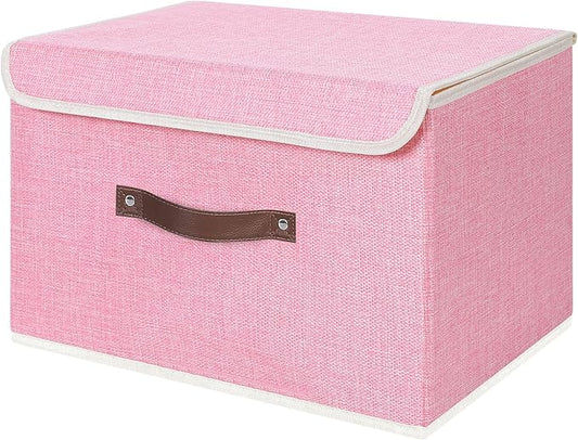 ANMINY Storage Bin with Lid Storage Boxes with PU Leather Handles PP Plastic Board Decorative Foldable Lidded Cotton Linen Fabric Home Cubes Baskets Closet Organizer Container - Pink, Large Size-CubbioJoy