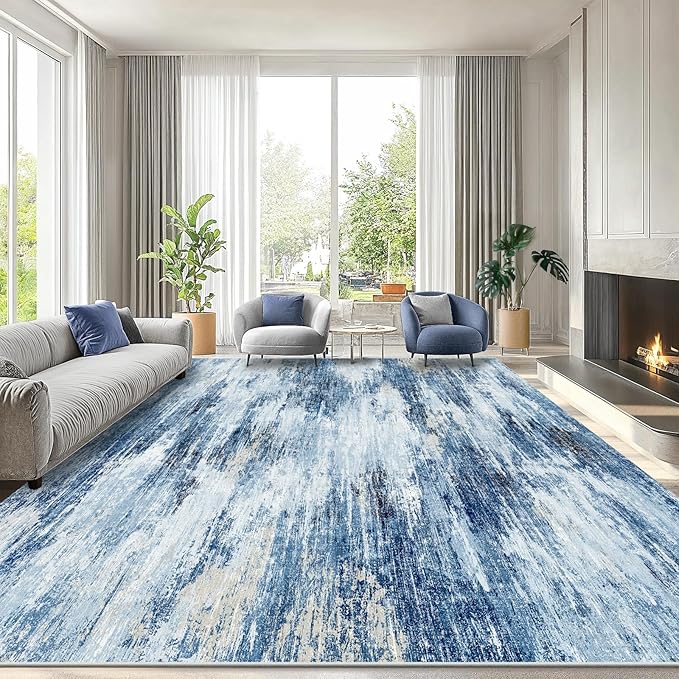 Amada 9x12 Large Area Rug, Modern Abstract Living Room Rug with Non-Slip Backing & Short Pile, Washable Rug with Abstract Pattern for Living Room, Bedroom and Dinning Room, Blue-CubbioJoy