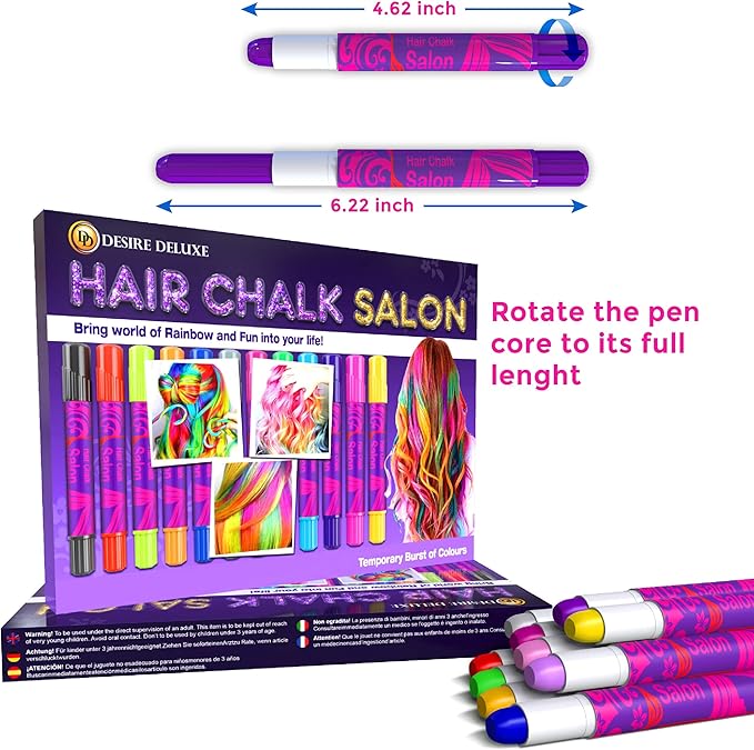 Desire Deluxe Hair Chalk for Girls Makeup Kit of 10 Temporary Colour Pens Gifts, Great Toy for Kids Age 5 6 7 8 9 10 11 12 13 Years Old, "Blue,Green,Grey,Pink,Purple-CubbioJoy