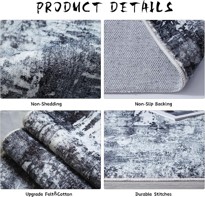 3x5 Rug Washable Boho Rug Soft Area Rug Abstract Pattern Non-Slip Non-Shedding Faux Wool Vintage Rug for Bedside, Bedroom Rug, Kitchen, Floor, Indoor, Laundry, Grey and Black-CubbioJoy