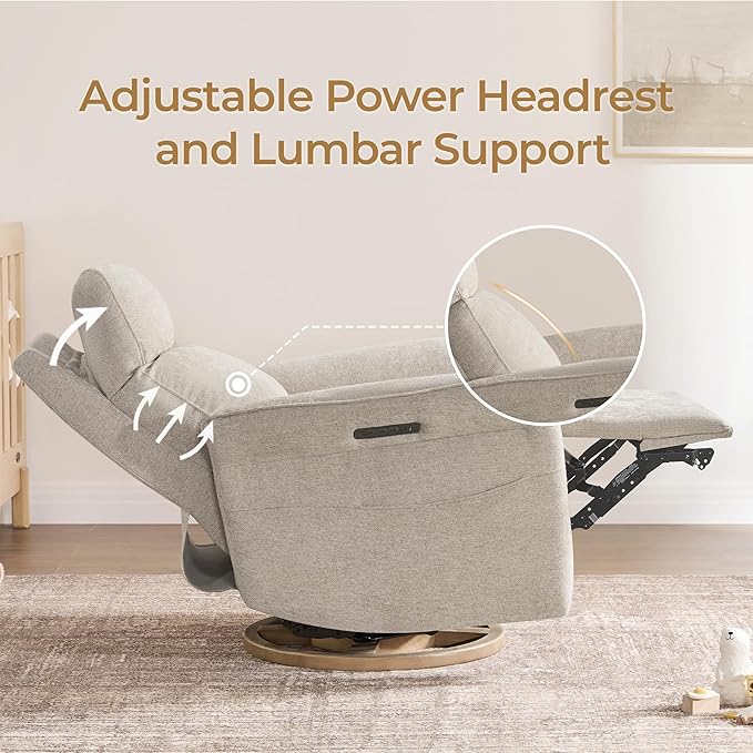 CHITA Power Recliner Chair, Electric Triple-Motor Swivel Glider Nursery Rocking Chair with Adjustable Power Headrest and Lumbar Support, GREENGARD Gold Certified, Solid Wood Base, Khaki Grey-CubbioJoy
