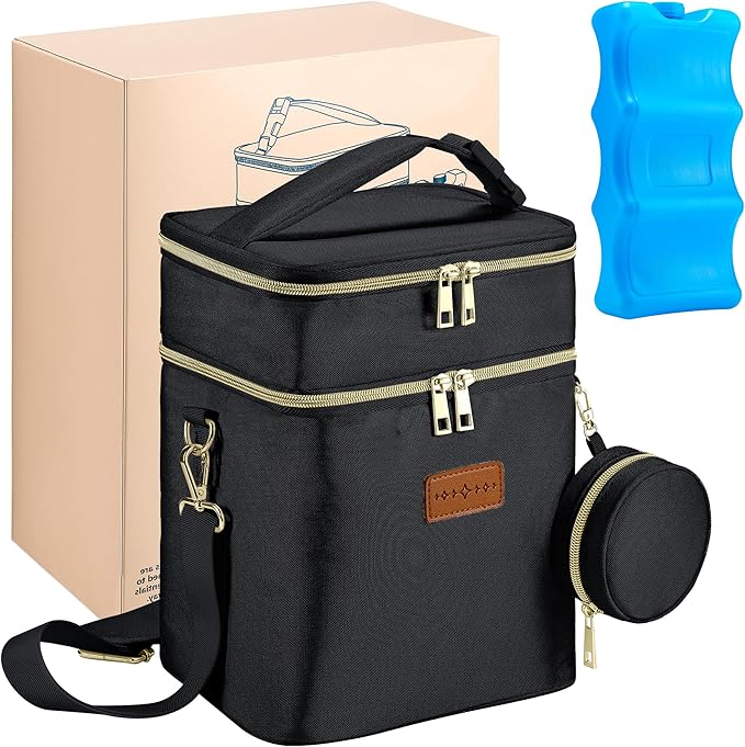 Breastmilk Cooler Bag with Ice Pack & Pacifier Case, Large Double Layer Insulated Baby Bottle Cooler Fits 6 Bottles, Breast Pump Storage Bag for Working Nursing Moms, with Gift Box-CubbioJoy