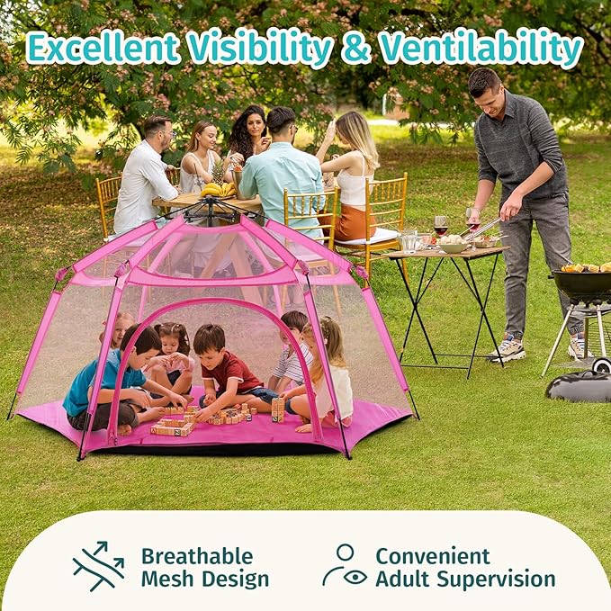 Alvantor Pop Up Playpen- 7'x7'x44”Baby Playpens Large Kids Play Tent Portable and Foldable Playpen Indoor/Outdoor Play Yard with Protective Mesh, UV SPF 50+ Sunshade, and Soft Foam Floor, Pink-CubbioJoy