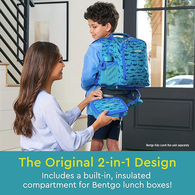 Bentgo Kids 2-in-1 Backpack & Insulated Lunch Bag - Durable 16” Backpack & Lunch Container in Unique Prints for School & Travel - Water Resistant, Padded & Large Compartments (Shark)-CubbioJoy