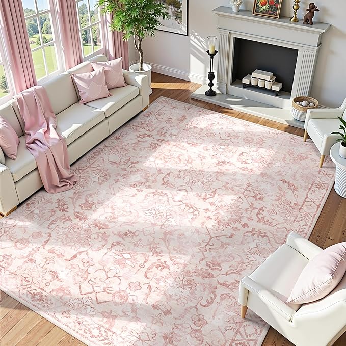 Deerly Pink Area Rugs 9x12 for Living Room Soft Non-Slip, Large Bedroom Rug Vintage Dining Room Rug Tribal Farmhouse Carpet for Dining Room Office Green-CubbioJoy