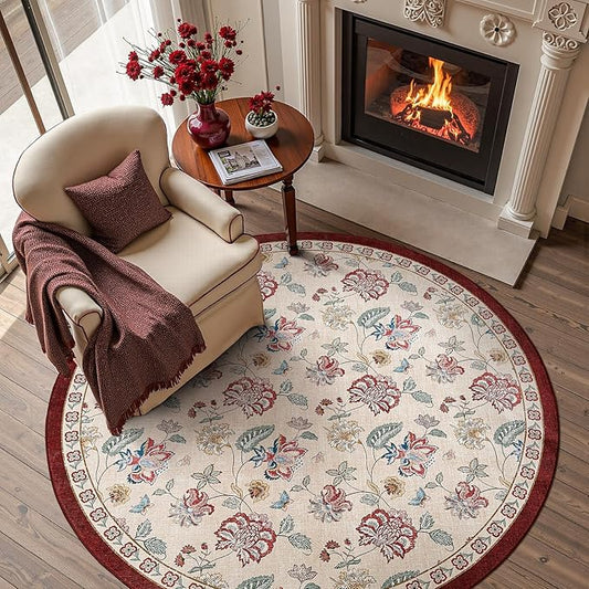 jinchan 5ft Floral Round Rug for Entryway Washable Kitchen Rug Vintage Romance Design Non Slip Indoor Doormat Lightweight Low-Profile Throw Carpet for Living Room Dining Room Bedroom, Red/Beige-CubbioJoy