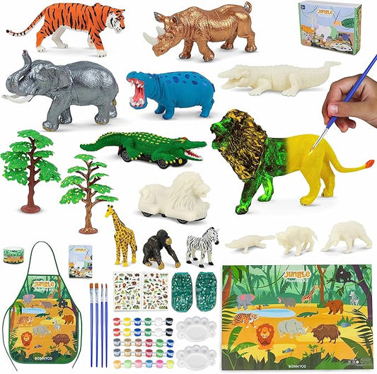 BONNYCO Animal Toys for Kids Painting Kit with 16 Figurines Animal Kids Crafts 4-8 with Glow in The Dark, Safari Gifts for Boys and Girls | Boy Toys 3 4 5 6 7 8 9 10 Years Old Birthday Christmas-CubbioJoy