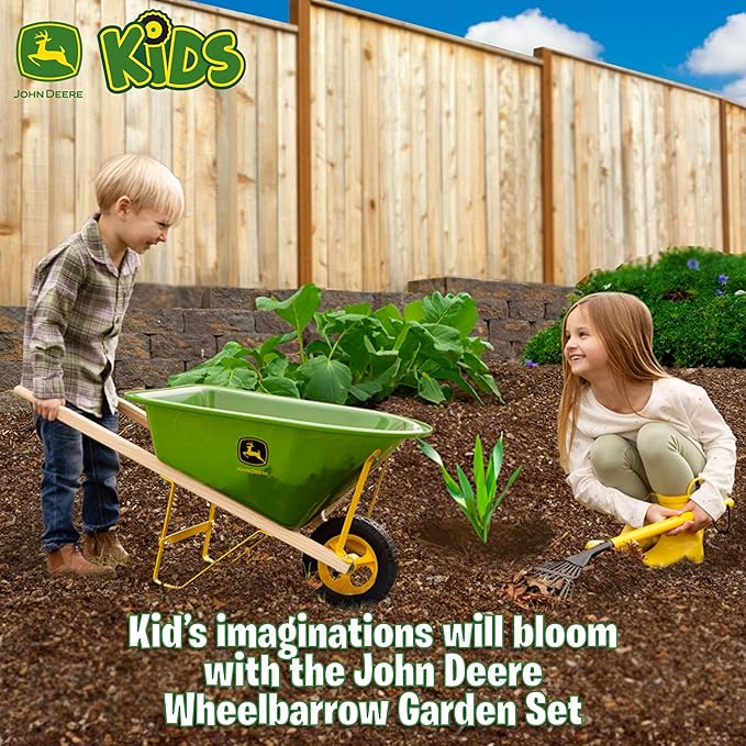 John Deere Deluxe 34" Wheelbarrow and Garden Set Includes 5 Realistic Gardening Tools,Gardening Apron, Gardening Gloves, Large Metal Wheelbarrow with Wooden Handles, Outdoor Toy Ages 5+-CubbioJoy