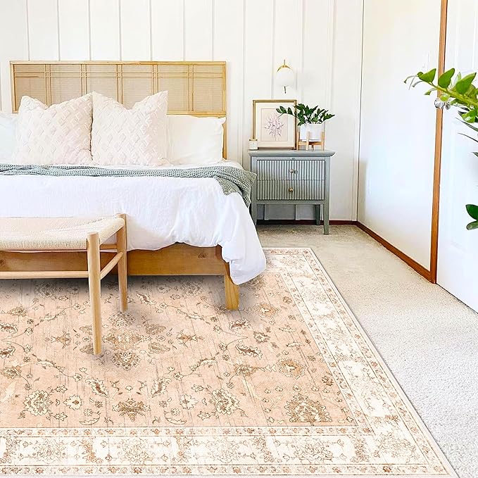 Area Rug 9x12 Washable Tangerine Vintage Traditional Mat Distressed Indoor Foldable Thin Retro Accent Floral Print Rug Non Slip Carpet Living Room Dining Room Office-CubbioJoy