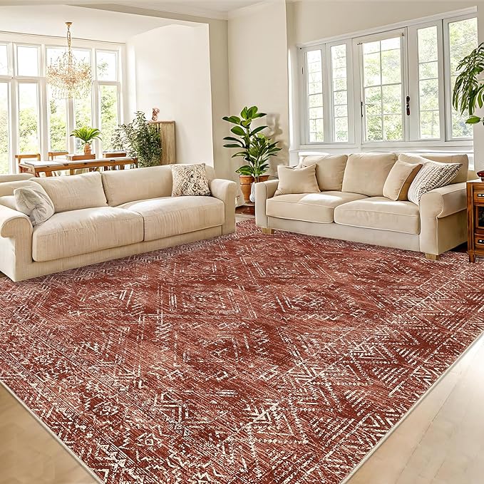 COZYLOOM 6x9 Washable Rug Modern Indoor Area Rug for Living Room or Bedroom Softness Foldable Mat for Easy Storage Abstract Geometric Design Non Slip Rug Low Pile Stain Resistant Carpet, Brick Red-CubbioJoy