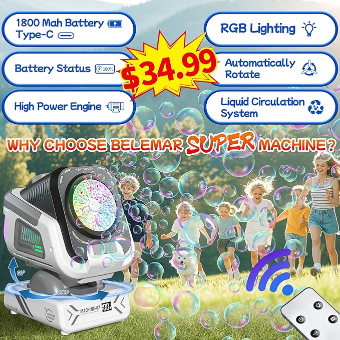 2025 Upgraded Bubble Machine with Remote Control, Automatic Rotation & RGB Lights, 1800mAh Rechargeable Battery, Type-C Charge, Bubble Maker for Kids, Weddings, Birthday Parties, Outdoor Activities-CubbioJoy