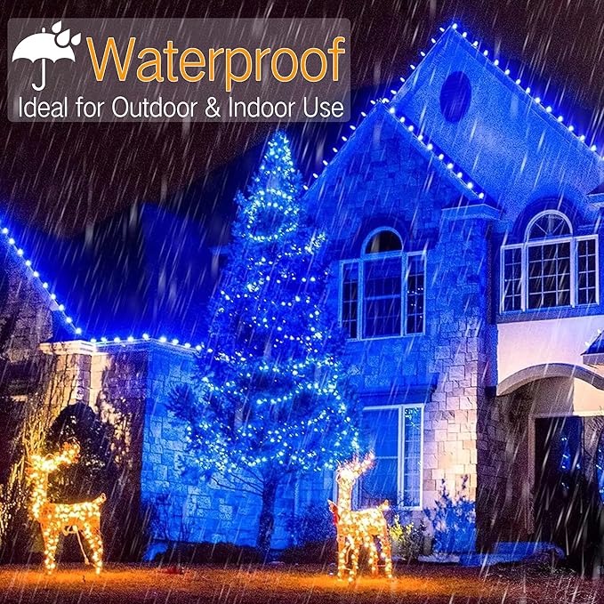 Brizled Blue Christmas Lights, 33ft 100 LED 5MM Wide Angle Christmas Tree Lights, 120V UL Certified Mini String Light Connectable Outdoor Waterproof Blue Light for Xmas Room Party Decor, Green Wire-CubbioJoy